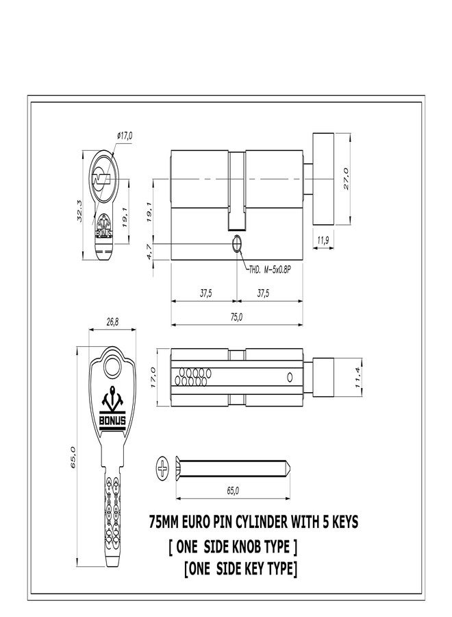 Bonus:- Euro Profile 10 Pin Cylinder (75mm One Side Key, Brush Steel) - Image 2